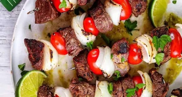 Salsa Verde Steak, Vidalia Onions and Tomato Skewers