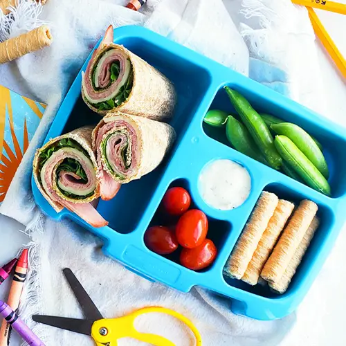 turkey rolls in a bento box with veggies