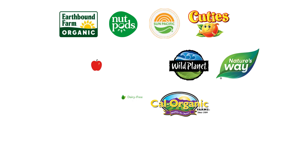 Earthbound Farms, nut pods, cuties, PYM, rocket, Wild Planet, Natures Way and Madegood, Boulder Canyon, Cal Organic, Day, IQBar, Quinn, Wilde, Sun Pacific, and Beechers logos
