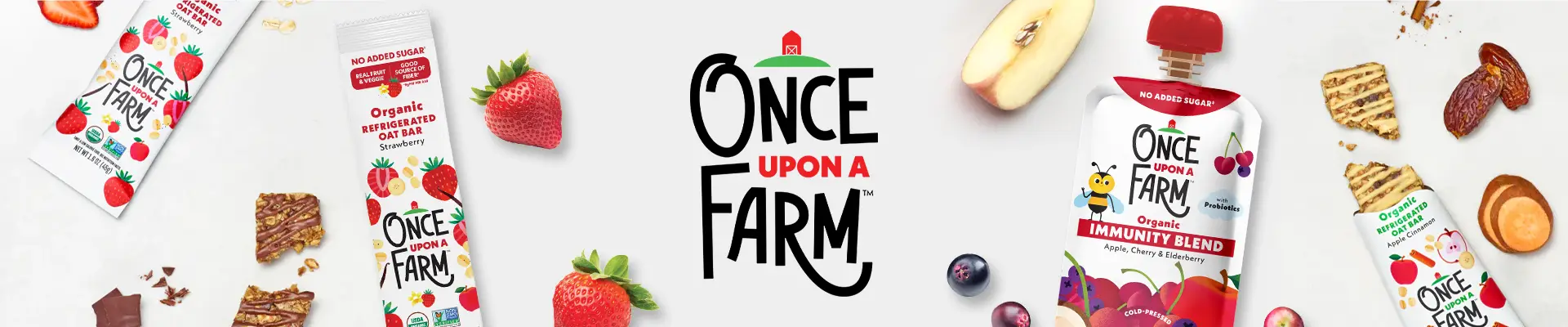 Once Upon a Farm logo surrounded by produce and products