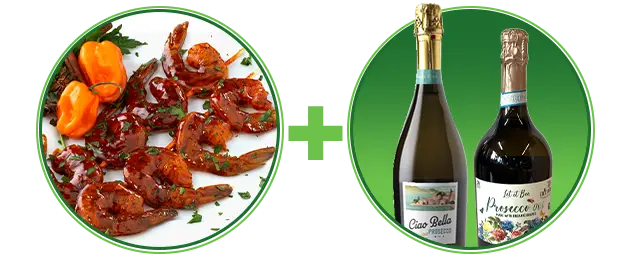marinated shrimp next to bottles of prosecco