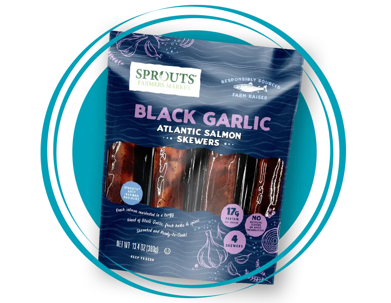 Sprouts Brand Black Garlic marinated salmon skewers in a package