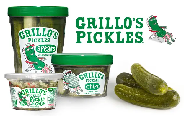 Grillo's pickles logo next to product and a stack of pickles