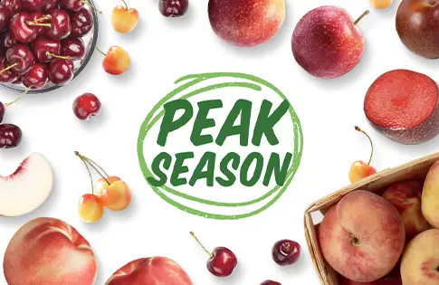 Peak season produce logo surrounded by stone fruit