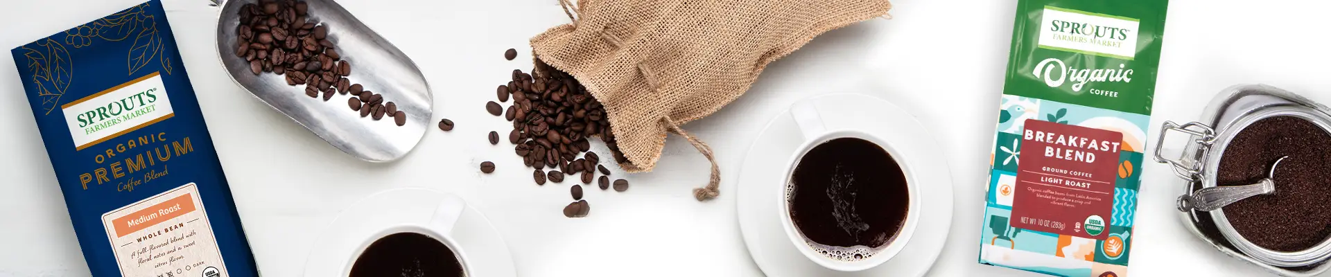 Sprouts brand coffees on a tabletop