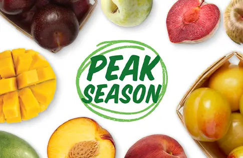 Peak Season Produce logo surrounded by produce