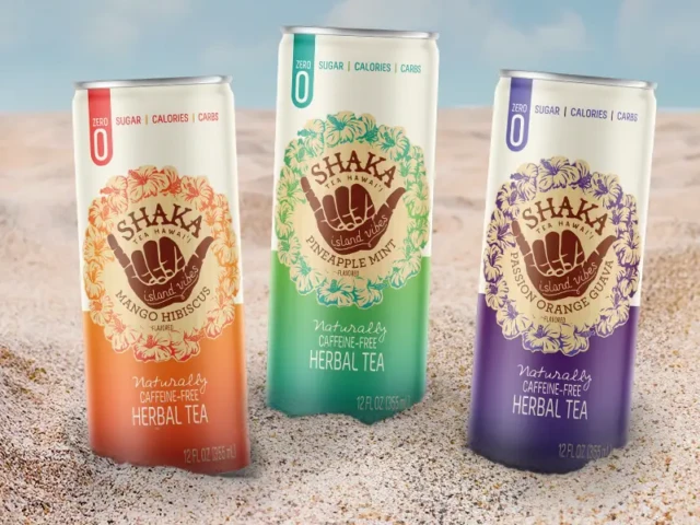 Shaka Tea flavor varieties with a beach background