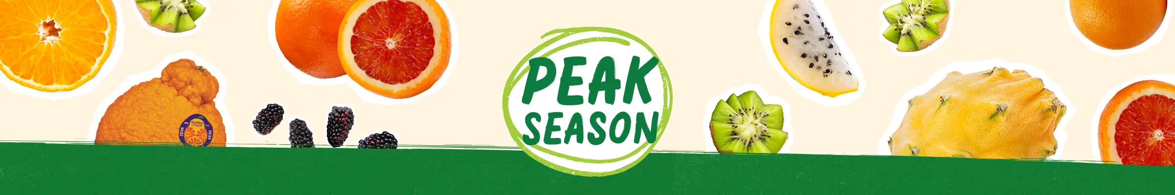 peak season produce logo surrounded by fruits