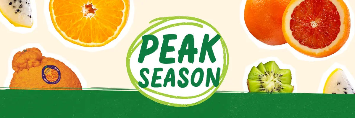 peak season produce logo surrounded by fruits