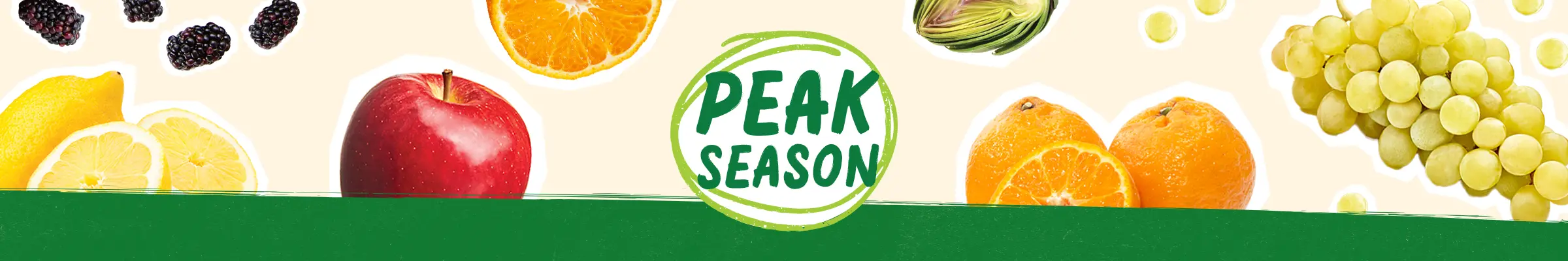 Peak Season logo surrounded by produce