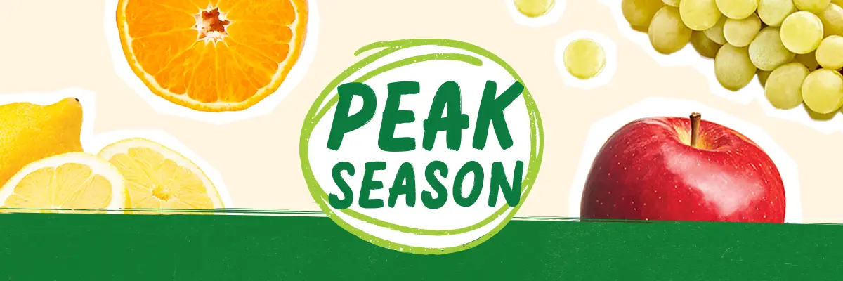 Peak Season logo surrounded by produce